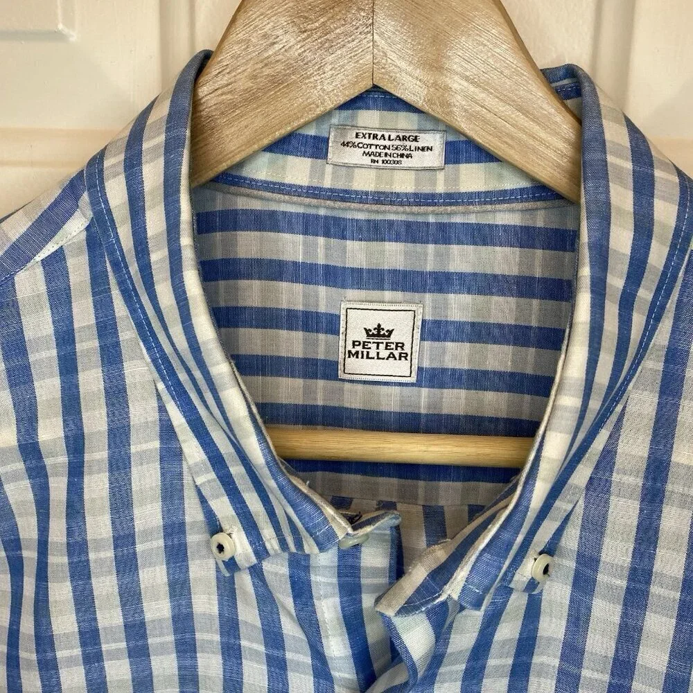 PETER MILLAR Cotton & Linen Blue Plaid Long Sleeve Casual Shirt XL EUC